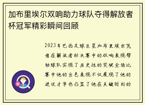 加布里埃尔双响助力球队夺得解放者杯冠军精彩瞬间回顾