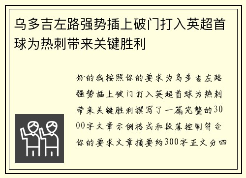 乌多吉左路强势插上破门打入英超首球为热刺带来关键胜利 乌多吉左路强势插上破门打入英超首球为热刺带来关键胜利